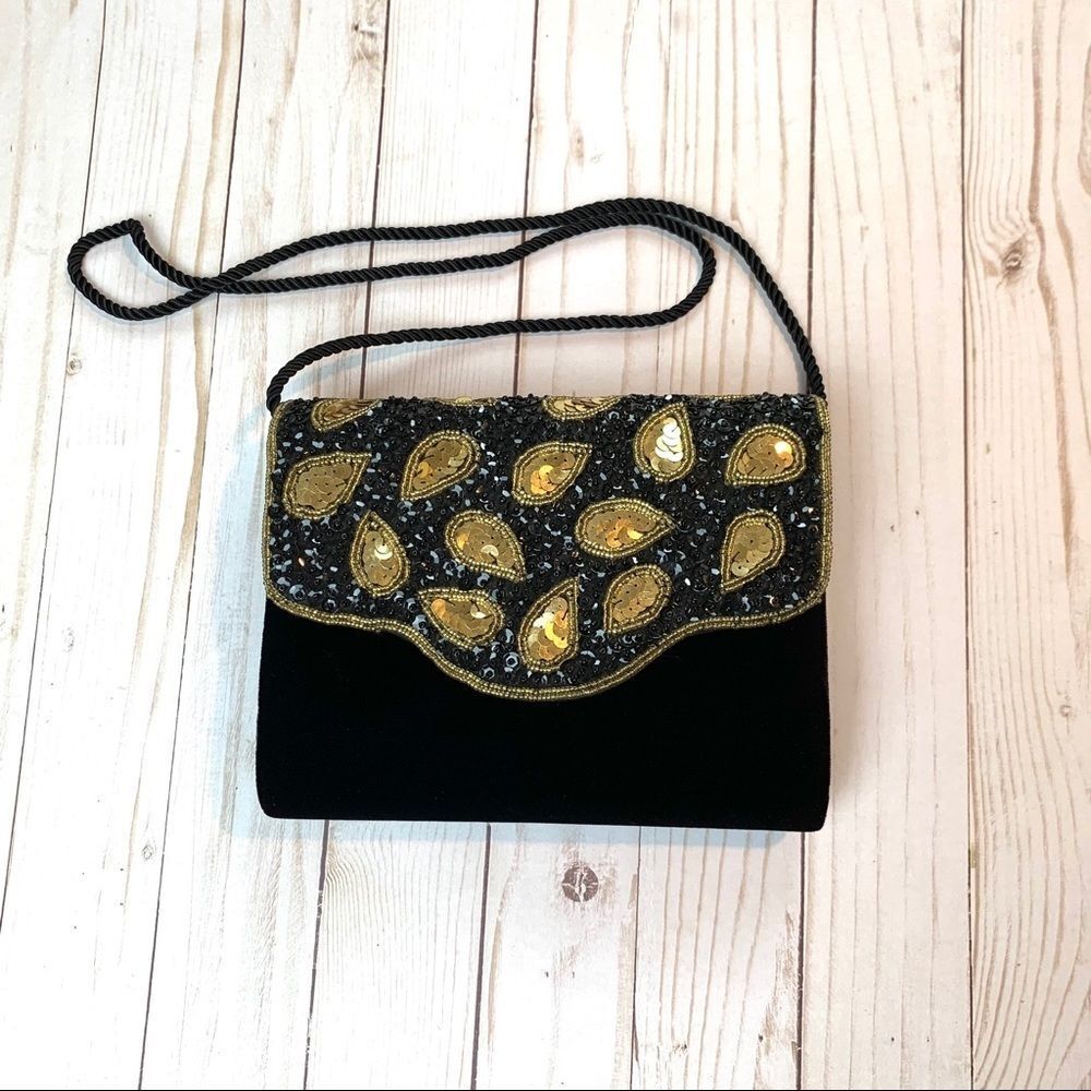 Vintage Partners Mervyns Sequin Beaded Velvet Black Purse